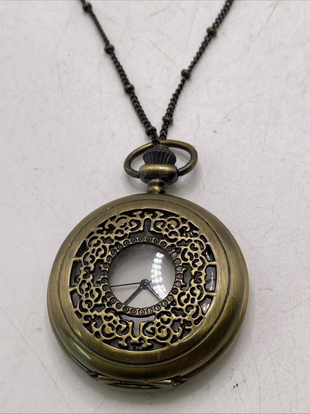 Brass Tone Steampunk Pocket Watch Necklace New Battery
